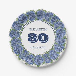 Assiettes En Carton Fête d'anniversaire 80 ans aux Hydrangeas Bleus Él