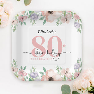 Assiettes En Carton Fête d'anniversaire 80 ans élégante florale pastel