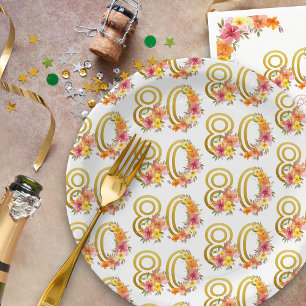 Assiettes En Carton Fête d'anniversaire 80 ans Floral Or Numéro 80 Col