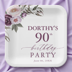 Assiettes En Carton Fête d'anniversaire 90 ans écriture florale violet