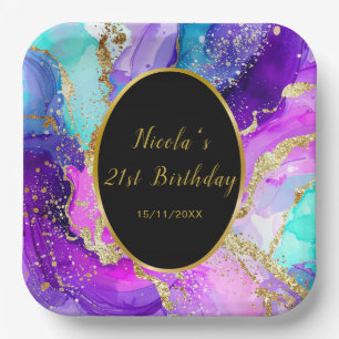 Assiettes En Carton Fête d'anniversaire à l'encre bleue, violette et d