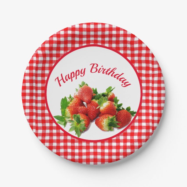 Assiettes En Carton Fête d'anniversaire au Gingham Rouge et aux Fraise (Devant)