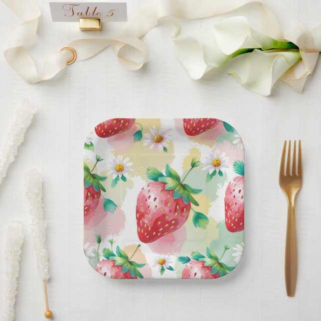 Assiettes En Carton Fête d'anniversaire aux fraises mignonnes (Mariage)
