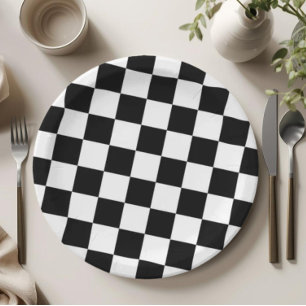 Assiettes En Carton Fête d'anniversaire avec motif à carreaux noir et
