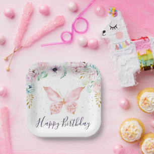 Assiettes En Carton Fête d'anniversaire bébé papillon et floral pastel