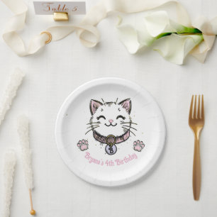 Assiettes En Carton Fête d'anniversaire chaton rose violet or 