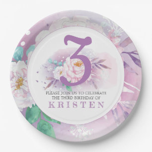 Assiettes En Carton Fête d'anniversaire classique aux fleurs violettes
