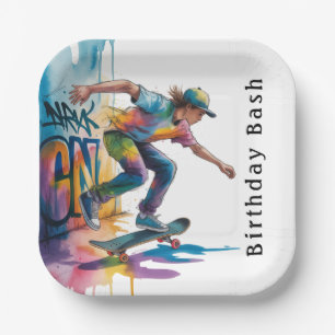 Assiettes En Carton Fête d'anniversaire colorée pour garçon avec graff
