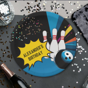 Assiettes En Carton Fête d'anniversaire Cool Retro Bleu Noir Quille de