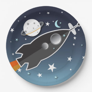 Assiettes En Carton Fête d'anniversaire dans l'espace avec fusée qui d