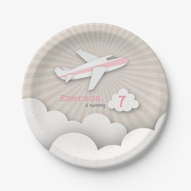Assiettes En Carton Fête d'anniversaire d'avion - rose (Devant)
