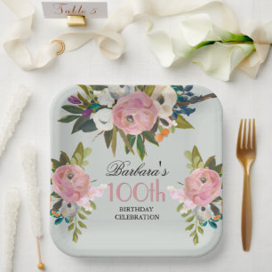Assiettes En Carton Fête d'anniversaire de 100 ans avec motifs floraux