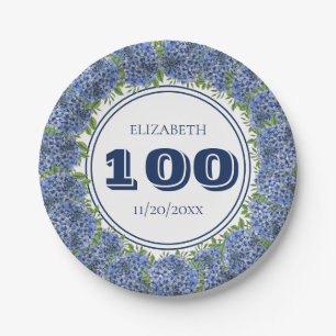 Assiettes En Carton Fête d'anniversaire de 100 ans d'Hortensia Bleu Fl