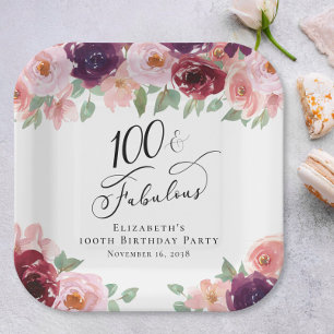 Assiettes En Carton Fête d'anniversaire de 100 ans élégante aquarelle