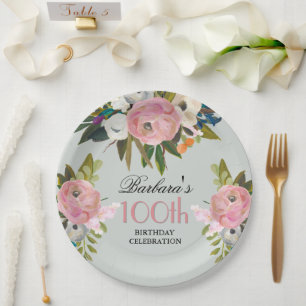 Assiettes En Carton Fête d'anniversaire de 100 ans élégante avec fleur