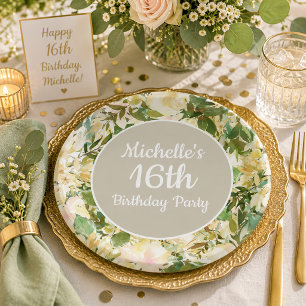 Assiettes En Carton Fête d'anniversaire de 16 ans aux fleurs blanches