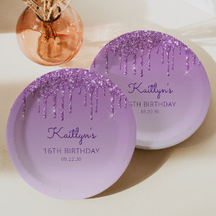 Assiettes En Carton Fête d'anniversaire de 16 ans Chic Purple Glitter