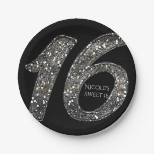Assiettes En Carton Fête d'anniversaire de 16 ans douce noire paillett