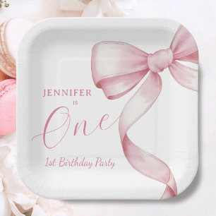 Assiettes En Carton Fête d'anniversaire de 1 an avec un nœud rose