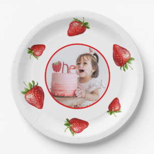 Assiettes En Carton Fête d'anniversaire de 1ère photo de fraise rouge 