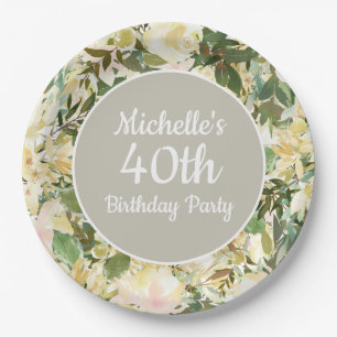 Assiettes En Carton Fête d'anniversaire de 40 ans aux fleurs blanches