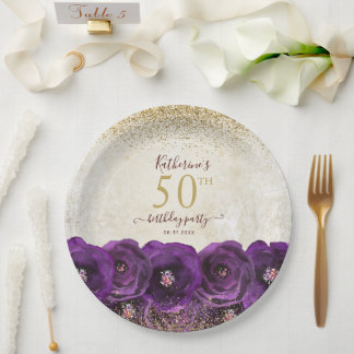 Assiettes En Carton Fête d'anniversaire de 50 ans élégante fleurs viol