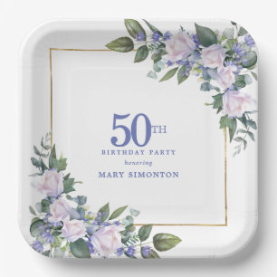 Assiettes En Carton Fête d'anniversaire de 50 ans Rose blanche Fleur b