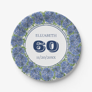 Assiettes En Carton Fête d'anniversaire de 60 ans aux Hortensias Bleus