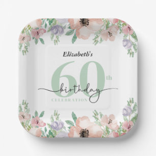 Assiettes En Carton Fête d'anniversaire de 60 ans élégante aux fleurs