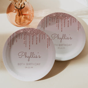 Assiettes En Carton Fête d'anniversaire de 80 ans chic rose gold paill