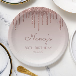 Assiettes En Carton Fête d'anniversaire de 80 ans Glam Rose Gold Glitt