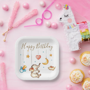 Assiettes En Carton Fête d'anniversaire de bébé éléphant mignon