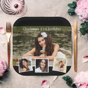 Assiettes En Carton Fête d'anniversaire de collage photo noir