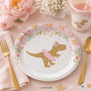 Assiettes En Carton Fête d'anniversaire de dinosaure floral Rose Tutu