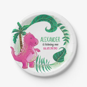 Assiettes En Carton Fête d'anniversaire de dinosaure   Trex rose Dino