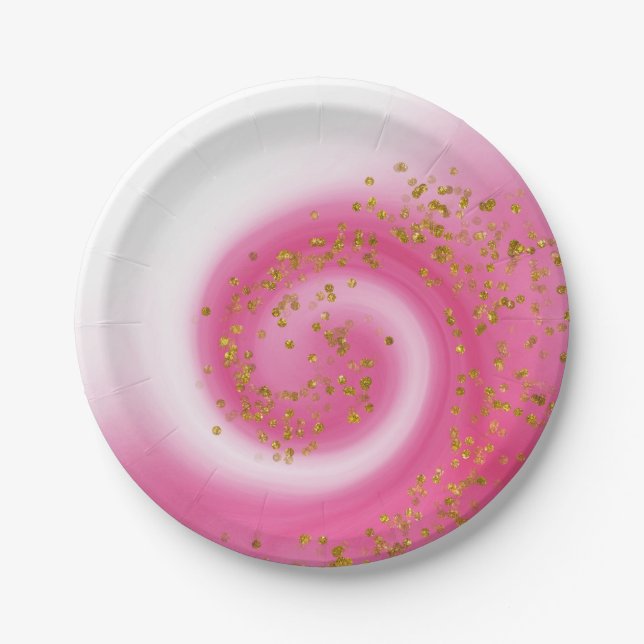 Assiettes En Carton Fête d'Anniversaire de enfant Hot Pink & Gold Part (Devant)
