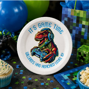 Assiettes En Carton Fête d'anniversaire de jeu vidéo dinosaure
