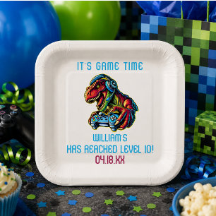 Assiettes En Carton Fête d'anniversaire de jeu vidéo dinosaure