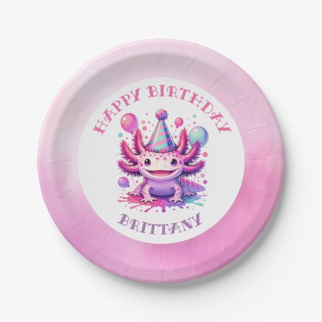 Assiettes En Carton Fête d'anniversaire de la fille Axolotl rose et vi (Devant)