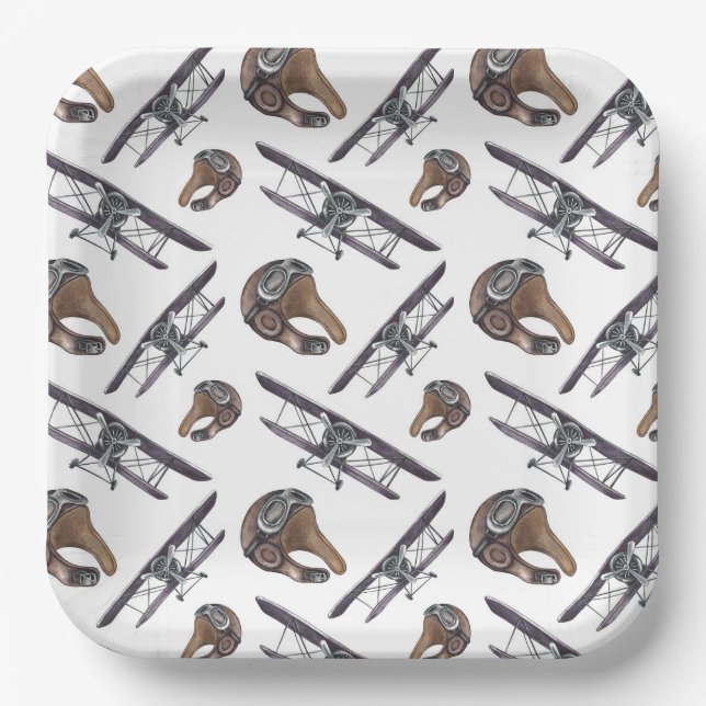 Assiettes En Carton Fête d'anniversaire de l'avion vintage (Recto)