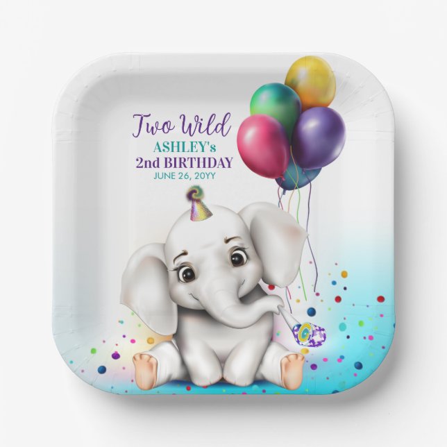 Assiettes En Carton Fête d'anniversaire de l'éléphant mignon (Recto)
