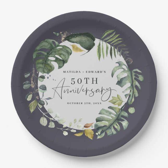 Assiettes En Carton Fête d'anniversaire de mariage de feuillage (Devant)