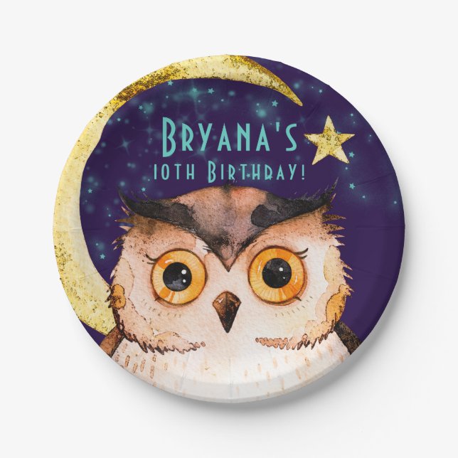 Assiettes En Carton Fête d'anniversaire de nuit violette de chouette d (Devant)