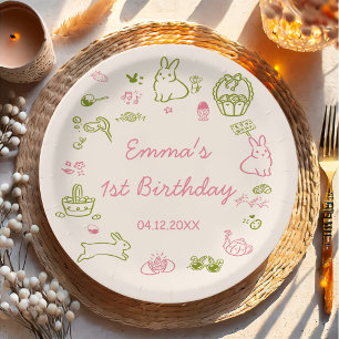 Assiettes En Carton Fête d'anniversaire de Pâques rose et verte 1 an