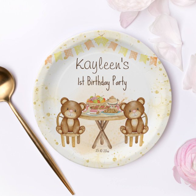 Assiettes En Carton fête d'anniversaire de pique-nique nounours (Teddy bear picnic birthday tableware personalized plates cute teddy bears at the table)