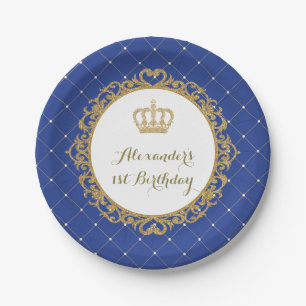 Assiettes En Carton Fête d'anniversaire de prince d'or de bleu royal
