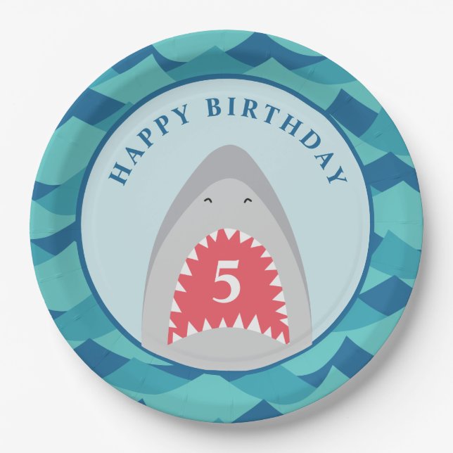 Assiettes En Carton Fête d'anniversaire de requin (Devant)
