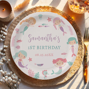 Assiettes En Carton Fête d'anniversaire de sirène capricieuse sous la