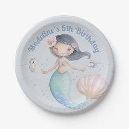 Assiettes En Carton Fête d'anniversaire de sirène sous la mer bleue
