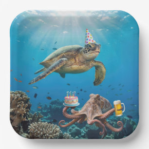 Assiettes En Carton Fête d'anniversaire de tortue marine avec pieuvre